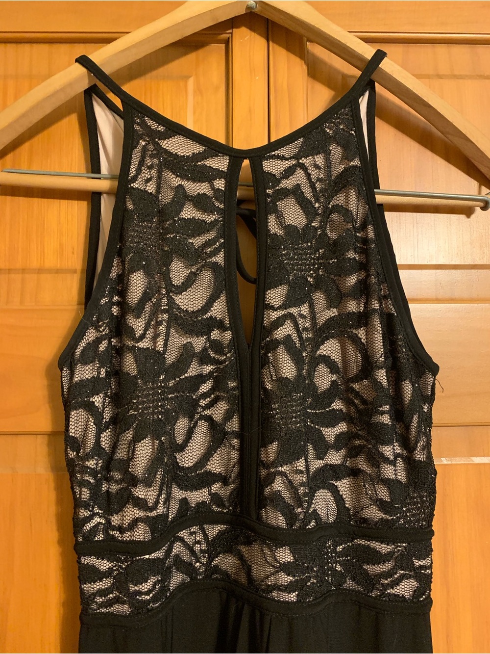 Morgan & Co. Black Floral Lace Halter Evening Gown